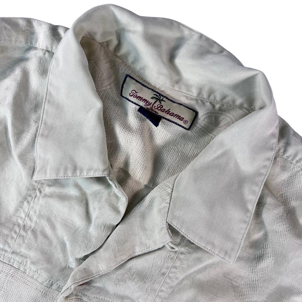 Tommy Bahama Mens Large 100% Silk Patchwork Short Sleeve Button Down Shirt Cream